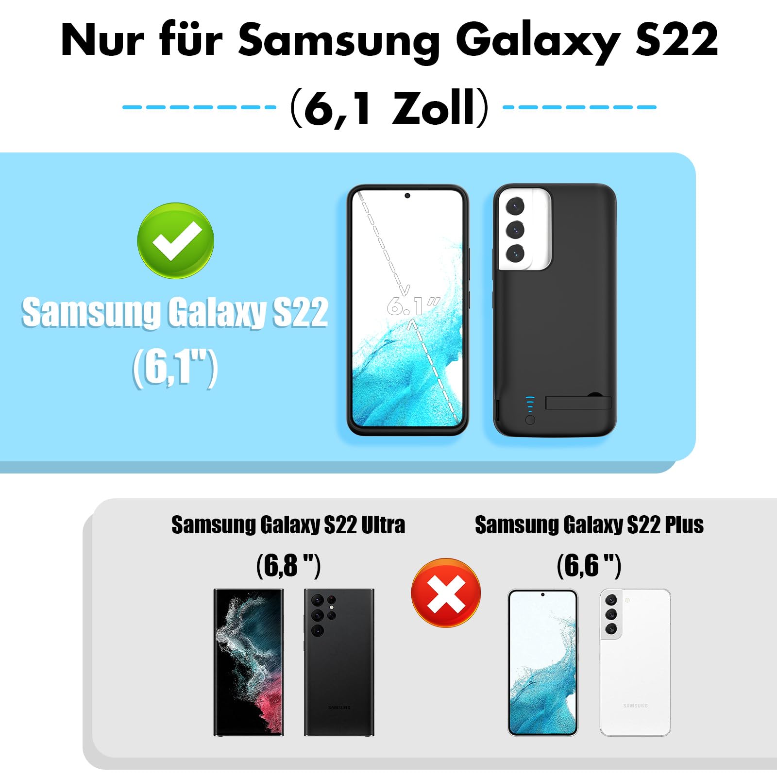 Akkuhülle für Samsung Galaxy S22, 7000 mAh, schlanke wiederaufladbare Ladehülle, erweiterte Ladehülle, Backup-Akkuladegerät, tragbare Powerbank für Samsung Galaxy S22 (6,1 Zoll) – Schwarz