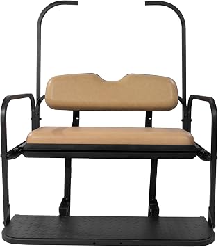 EZGO TXT Golf Cart Flip Folding Rear Seat Kit, Tan Cushions, Black Powder-Coated Frame, Plastic Footrest, Cooler Box Cutout, Fit for TXT 1995+ Models