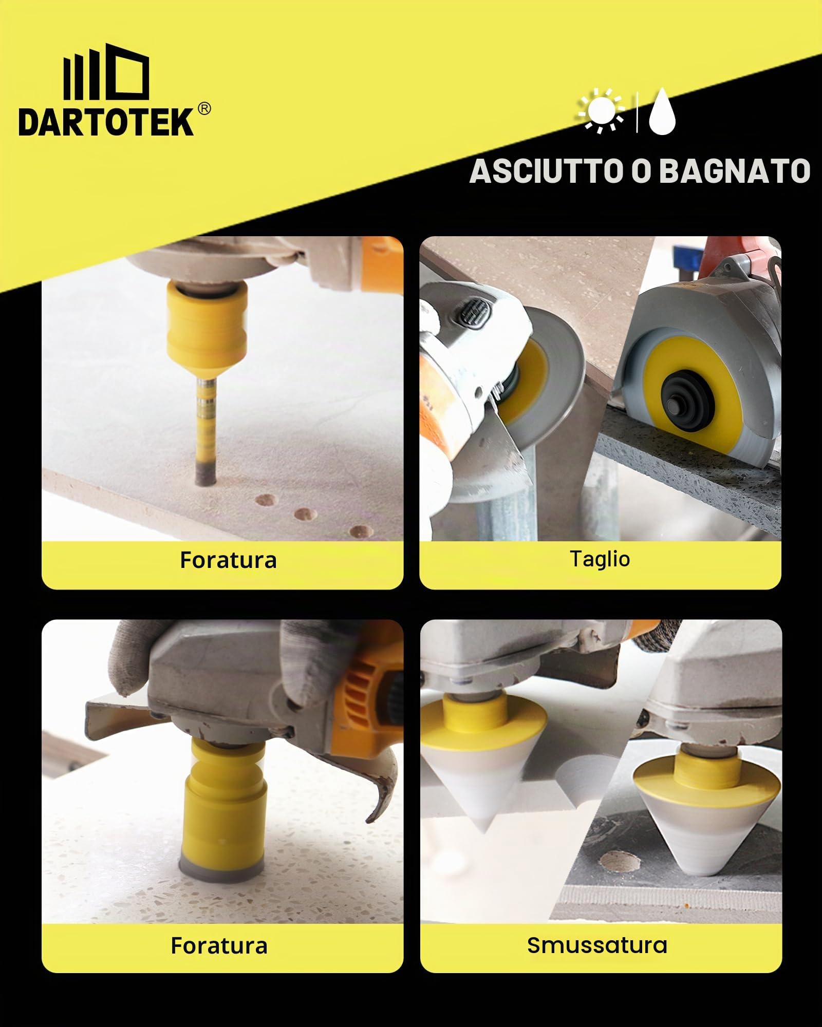 Punte Diamantate Gres Porcellanato 10 Pezzi - 6/6/8/20/25/35/50mm x M14 Punte Trapano, 35mm Punte Smusso, Adattatore, Disco Diamantato 125mm per Piastrelle Ceramica Marmo Granito