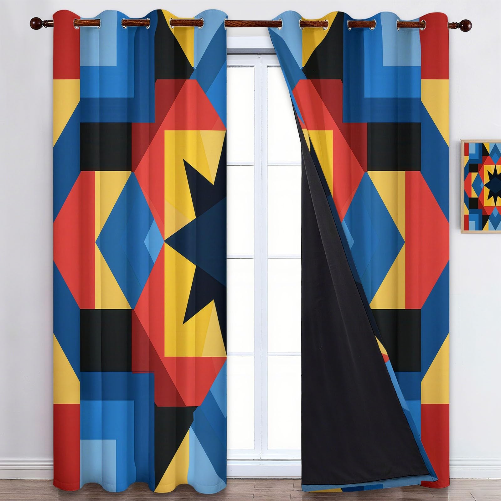 Nowoczesny geometryczny wzór bloków kolorów, izolowane termicznie zasłony zaciemniające do wnętrza z pierścieniami, zasłona okienna do sypialni i salonu, zasłony do salonu, 2 sztuki, 91,5 x 214 cm