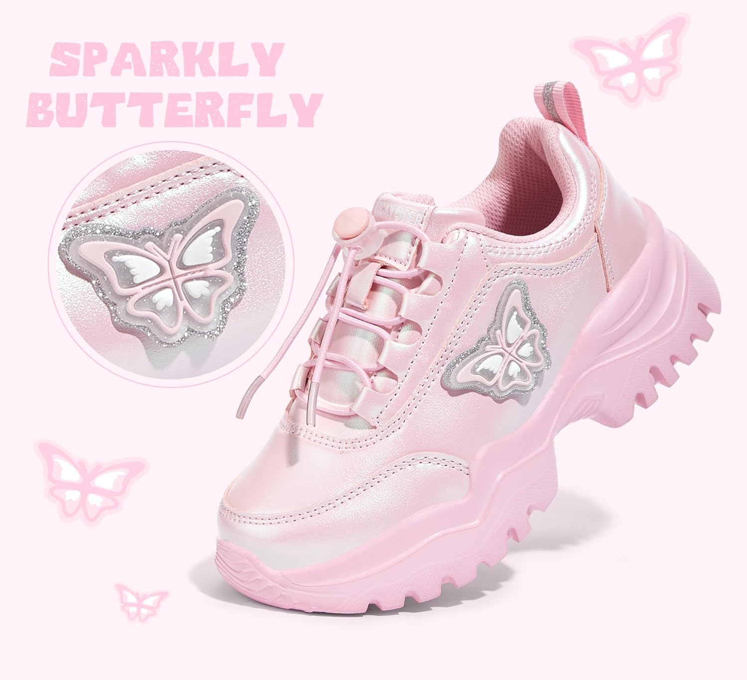 LUCKY STEP Kids Chunky Sneakers Fashion Platform Walking Tennis Shoe Sparkly Butterfly Faux Leather Elastic No-tie Laces School Shoes for Girls Boys - Image 4
