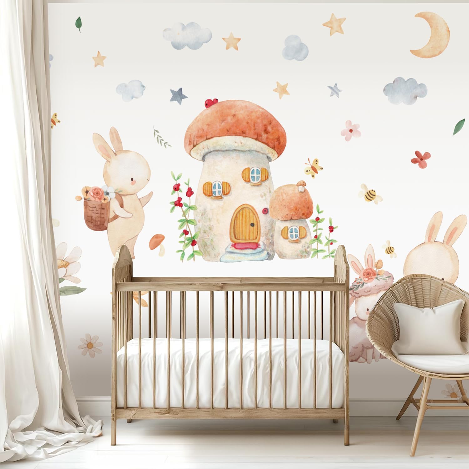 Vinyl Cartoon Cute Bunny Mushrooms Wall Sticker Kids Room Wall Art Mural for Bedroom Wall Decals Living Room DIY Nursury Decor