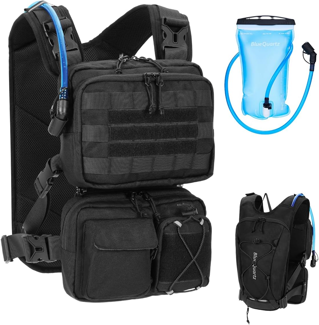 Blue Quartz 3-in-1 Running Vest with 2L Water Bladder, Lightweight Tactical Hydration Backpack with Detachable Waist Pack, Reflective Chest Pack for Hiking Running Cycling Race for Women Men