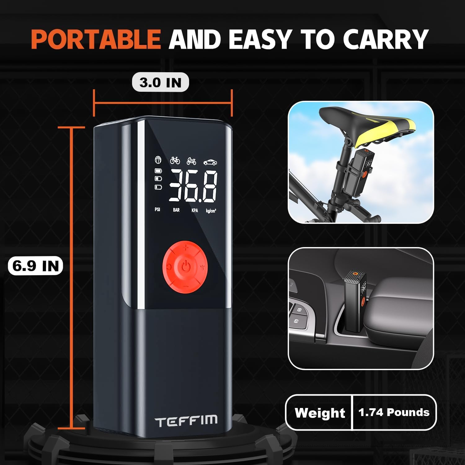 Gonfiatore Portatile Per Pneumatici 12V Con Manometro Digitale E Luce LED, Pompa D'Aria Per Auto, Moto, Bici E Palloni - 6