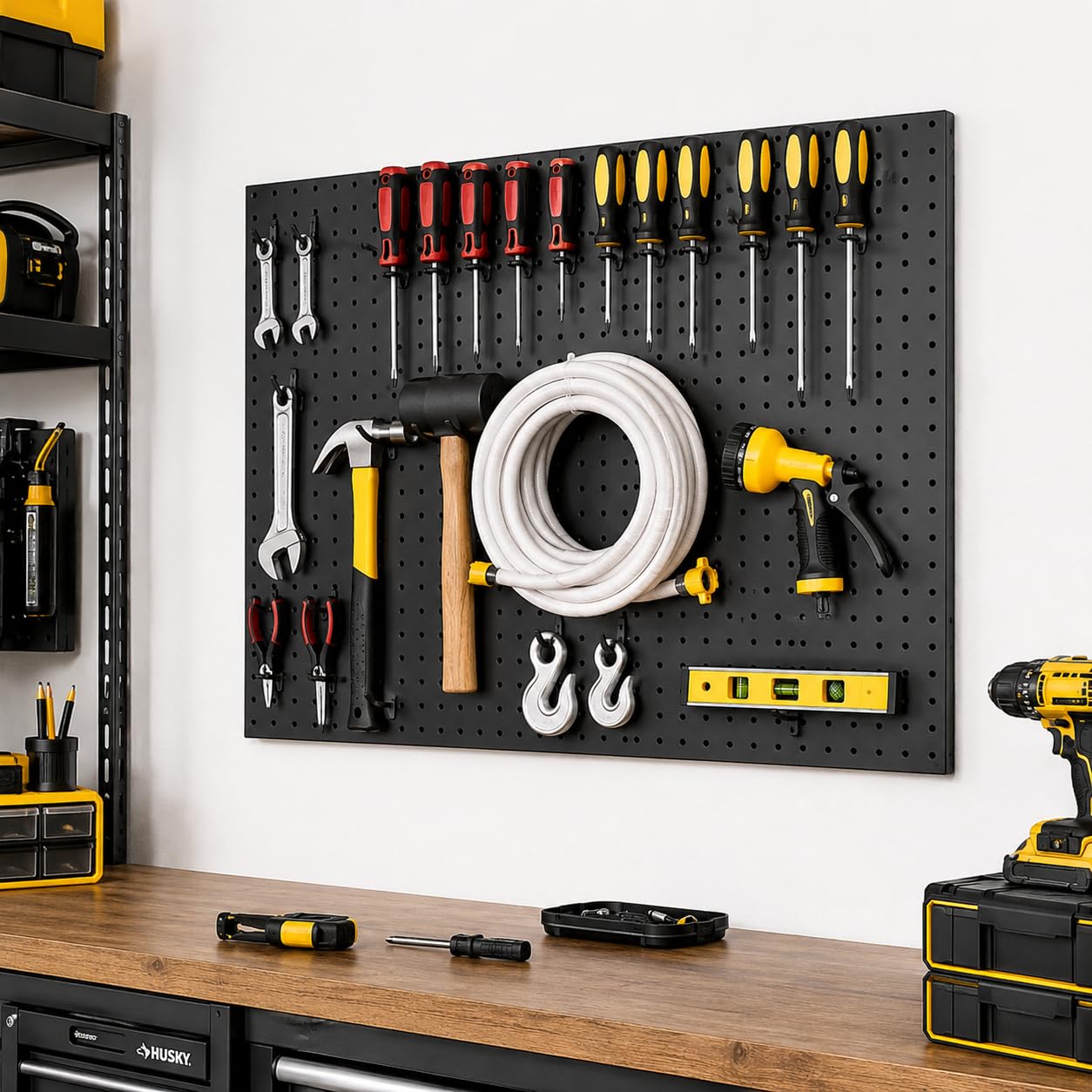 WallPeg Made in USA - zestaw organizerów ściennych do pegboardów - (PK-5B) - szerokość 122 cm - 2 panele Pegboard i 36 haczyków do tablic blokujących, organizacja garażu i organizer na narzędzia