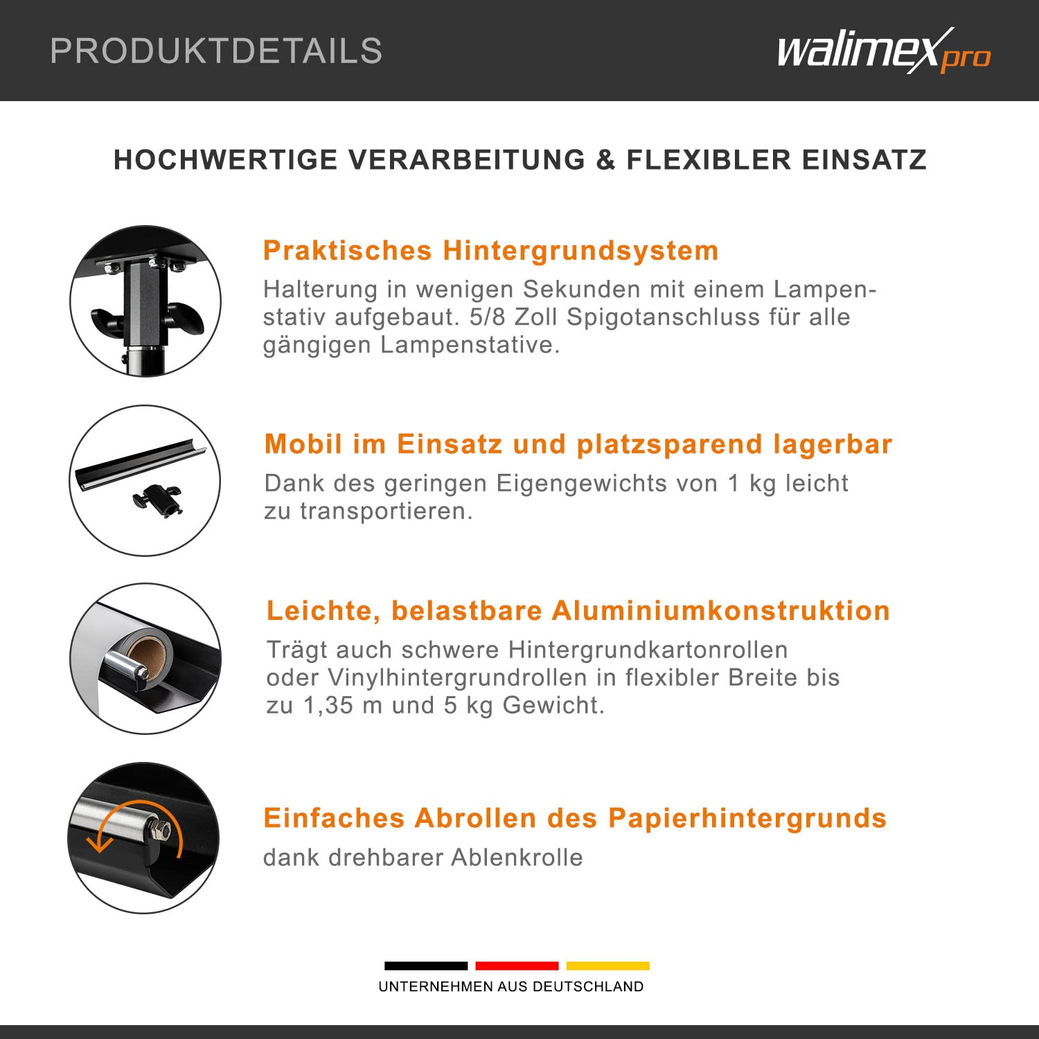 Walimex pro mocowanie tła do statywów lampowych - elastyczne zastosowanie z tłami kartonowymi do 1,35 m, udźwig do 5 kg, aluminiowa konstrukcja, mechanizm zwijania
