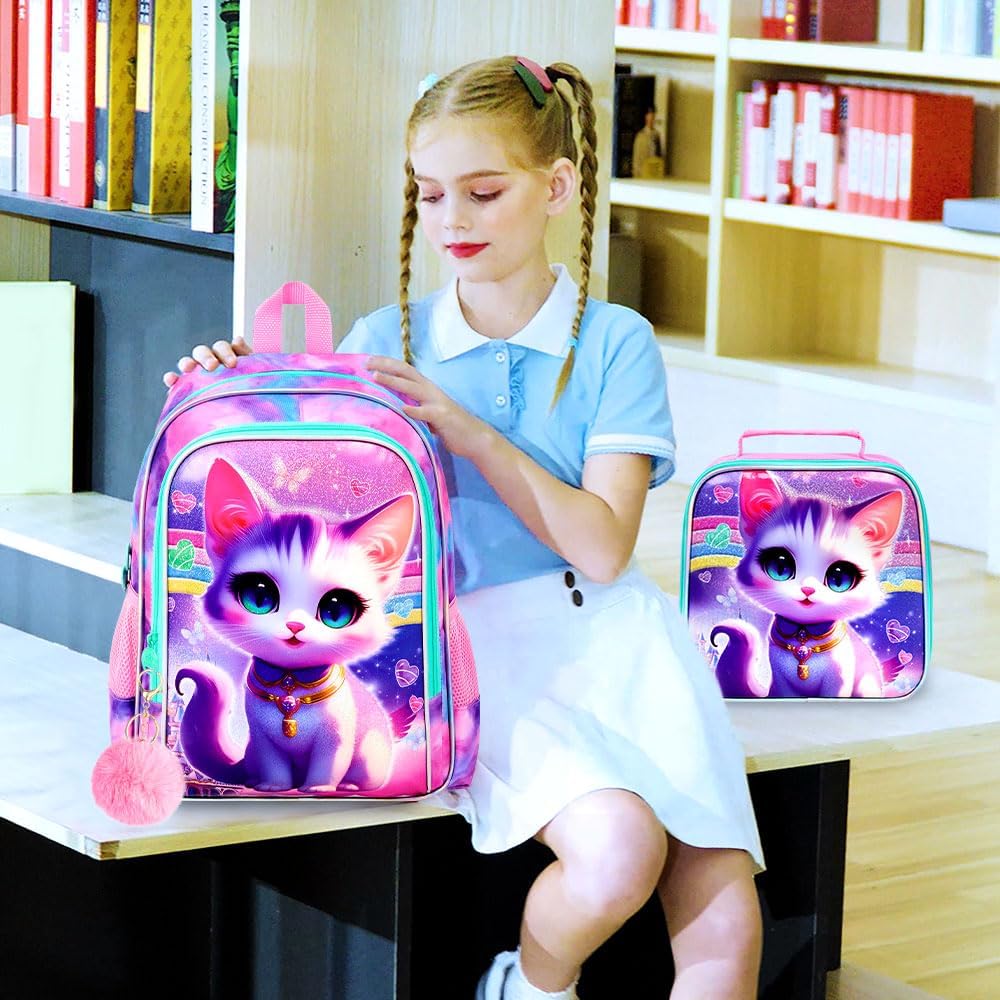 3PCS Girls Cat Backpack, Water Resistant Kids Bookbag Set with Lunch Box, Cute School Bag for Preschool Toddler - Image 8