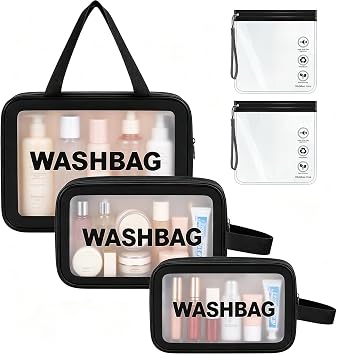 WUBAYI 5Pcs Clear Toiletry Bag, Waterproof PU Makeup Bag with Zipper Handle, Portable Airport Cosmetic Bag for Women & Men, Travel Accessories Wash Bag for Travelling & Holiday Black