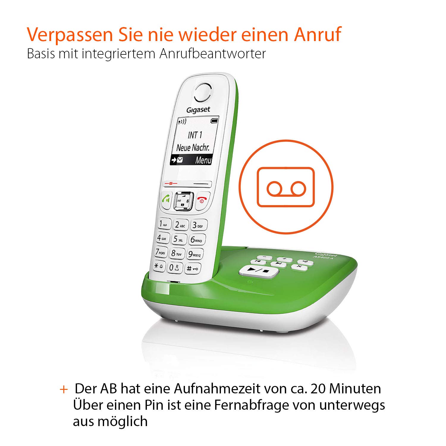 AS405A Festnetz-/Schnurlostelefon Anrufbeantworter (DECT-Telefon, Freisprechfunktion, großes Display, große Tasten) grün