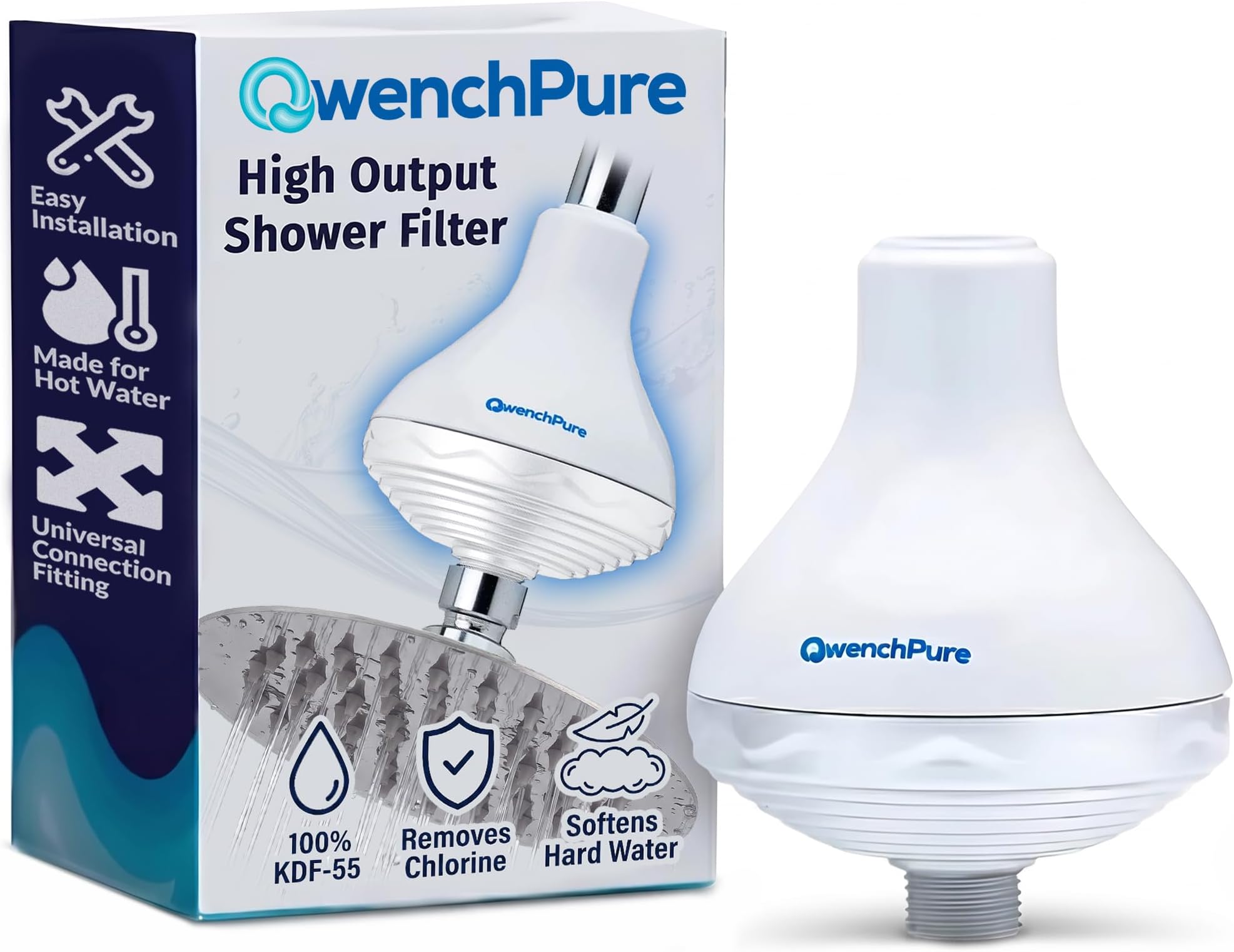 QwenchPure Shower Filter :: High Output :: with advanced Carbon Free Technology Uses 100% KDF-55 Material (8 oz.) to Safely Remove Chlorine & Other Contaminants Hot or Cold by