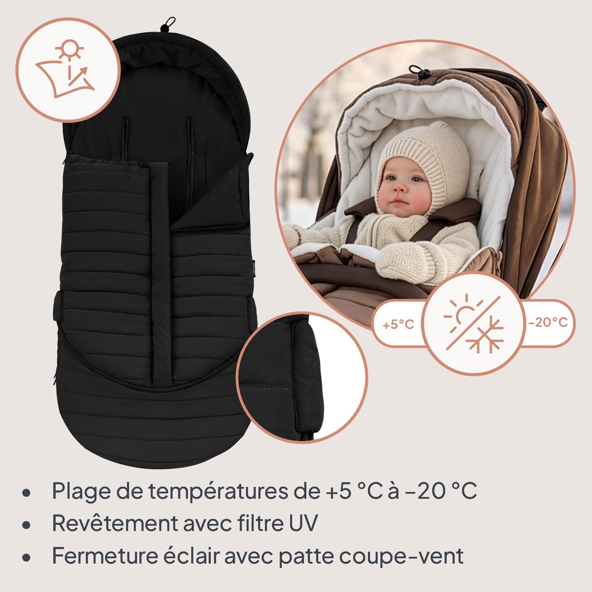 Lionelo Oli Chancelière Bébé Poussette Universelle 2 en 1 Hiver 101 x 45 cm | 2 en 1 poussette et nacelle, chaude jusqu’à -20°C, déperlante, capuche réglable, compatible harnais 5 points, lavable à 30°C