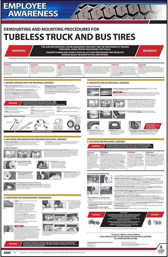 J. J. Keller & Associates, Inc. Employee Safety Poster, Tubeless Truck & Bus Tire Mounting/Demounting Procedures, OSHA 29 CFR 1910.177, Laminated, 24" x 40"