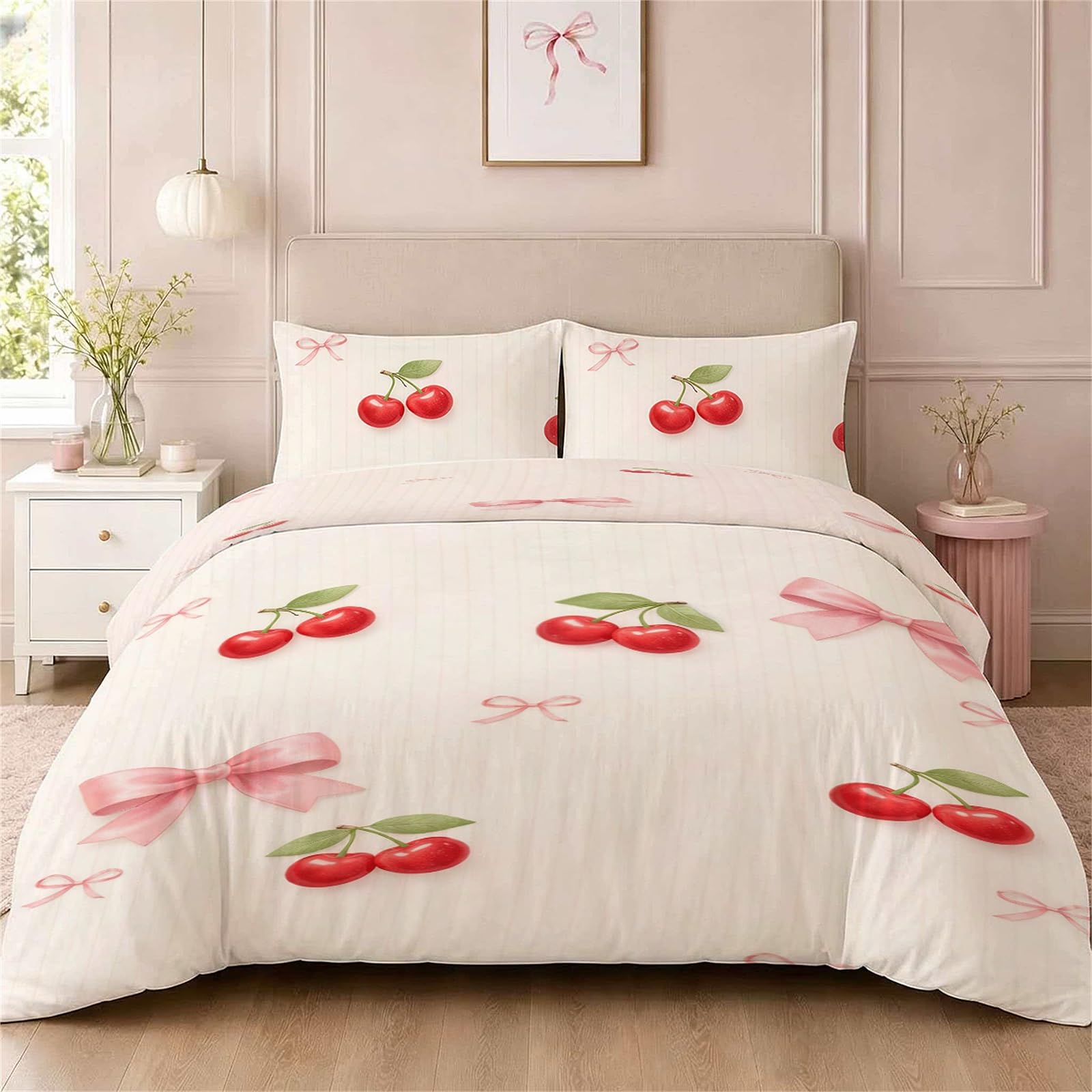 Vryxel Girls Kids Cherry Bow Bedding Double Duvet Cover Set Bed Zipper Pink Red 200 x 200 CM