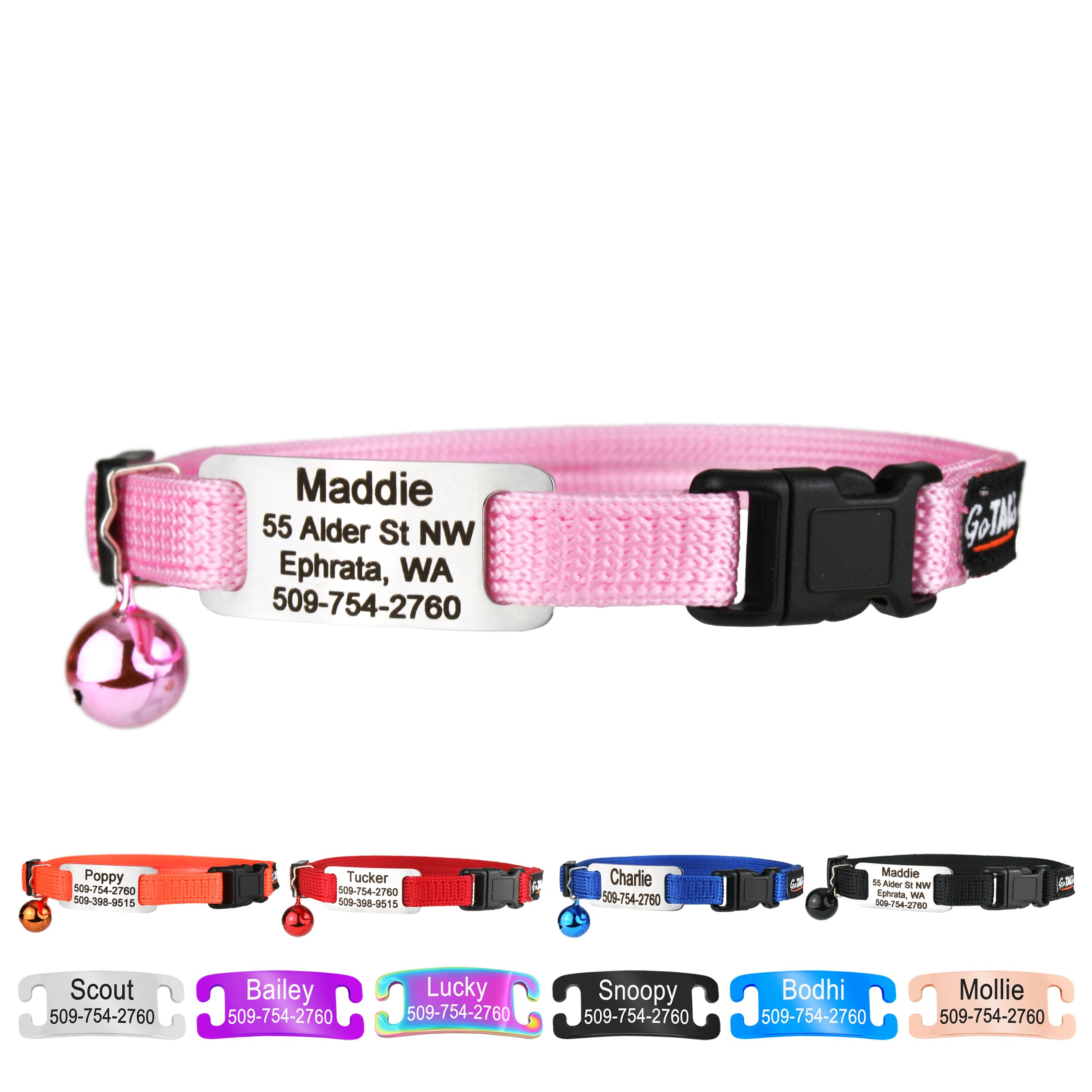 GoTags Personalized Cat Collars with Tag, Engraved Custom Cat Collar with Name and Phone, Breakaway Collar with Safety Buckle and Bell, Adjustable for