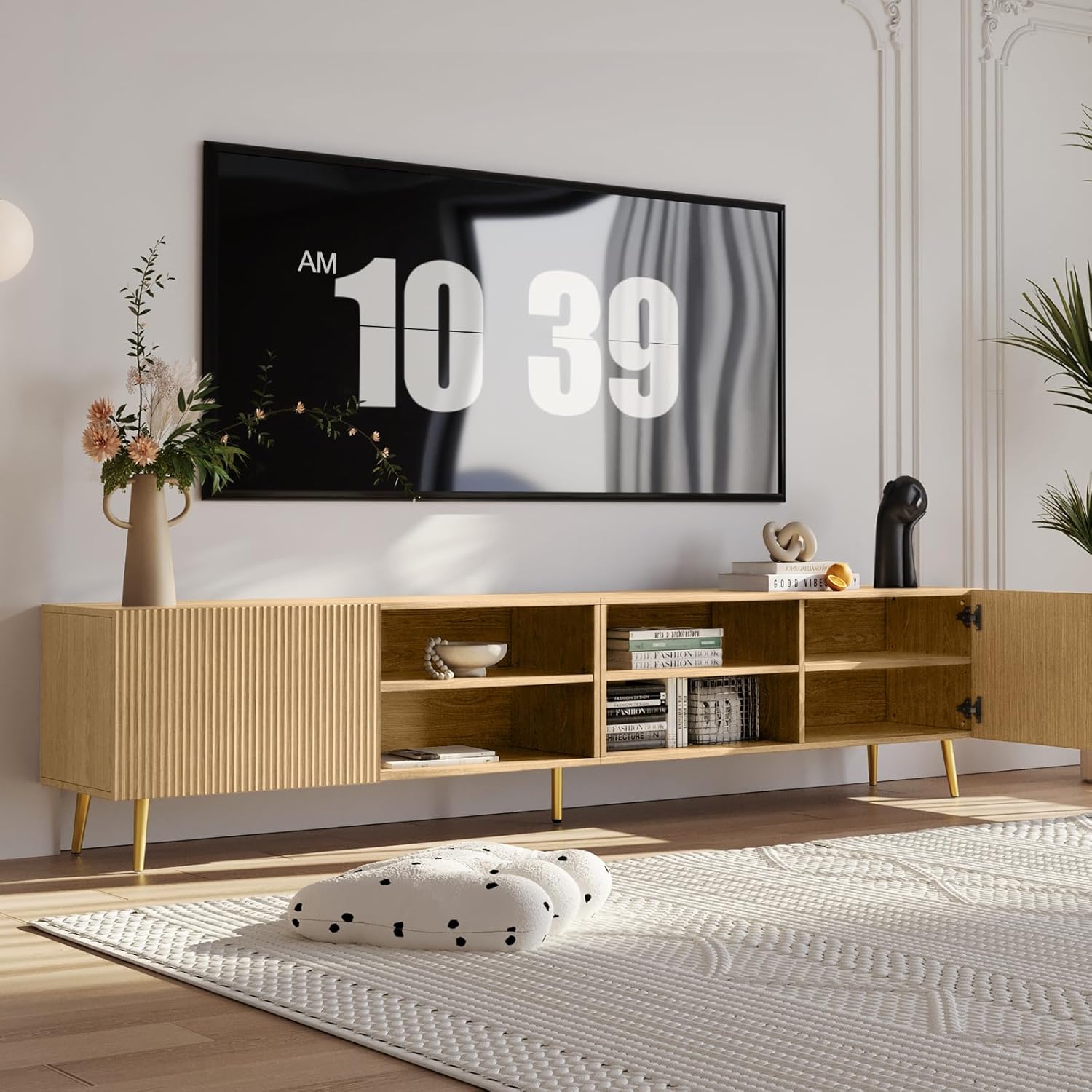 KIMOLST Modern 86in TV Stand for Living Room, Fluted Design Entertainment Center with Adjustable Shelves,Media TV Console Table with Storage for Bedroom,Nature - Image 5