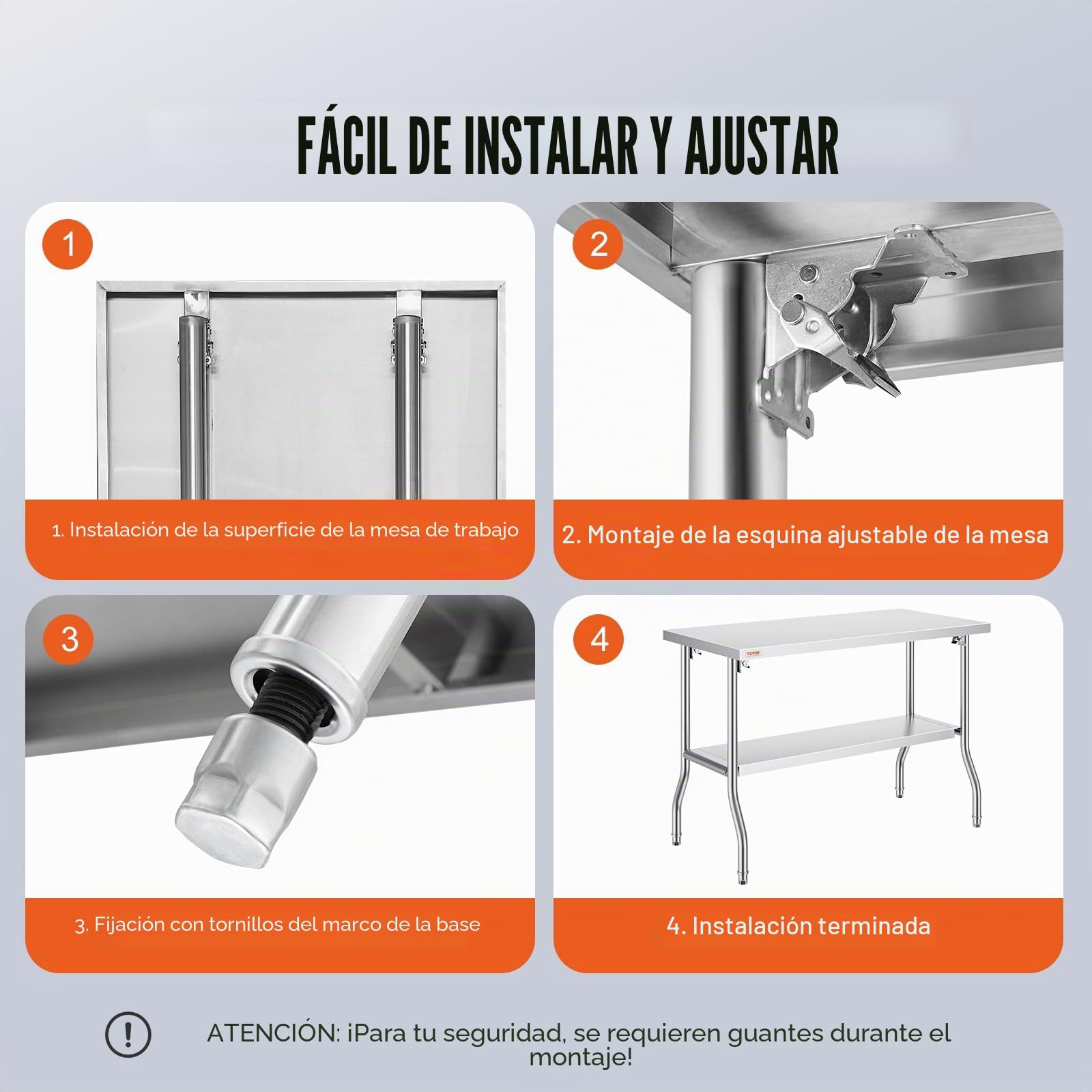 VEVOR Mesa de Trabajo Cocina 1220x610x850mm Mesa de Trabajo Plegable Acero Inoxidable con Estante Extraíble 350 kg Carga Mesa Acero Inoxidable con Pies Ajustables para Camping Cocina Comercial