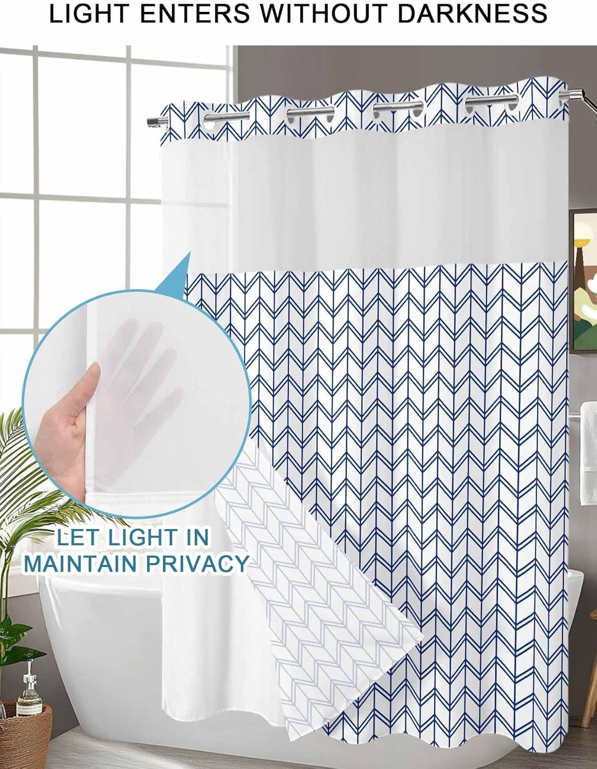 No Hook Shower Curtain with Snap in Liner,Minimalist Geometric Stripe Art Waterproof Bath Curtain with See Through Top Window,Abstract Blue Herringbone Shower Curtains for Bathroom Decor,72x72in