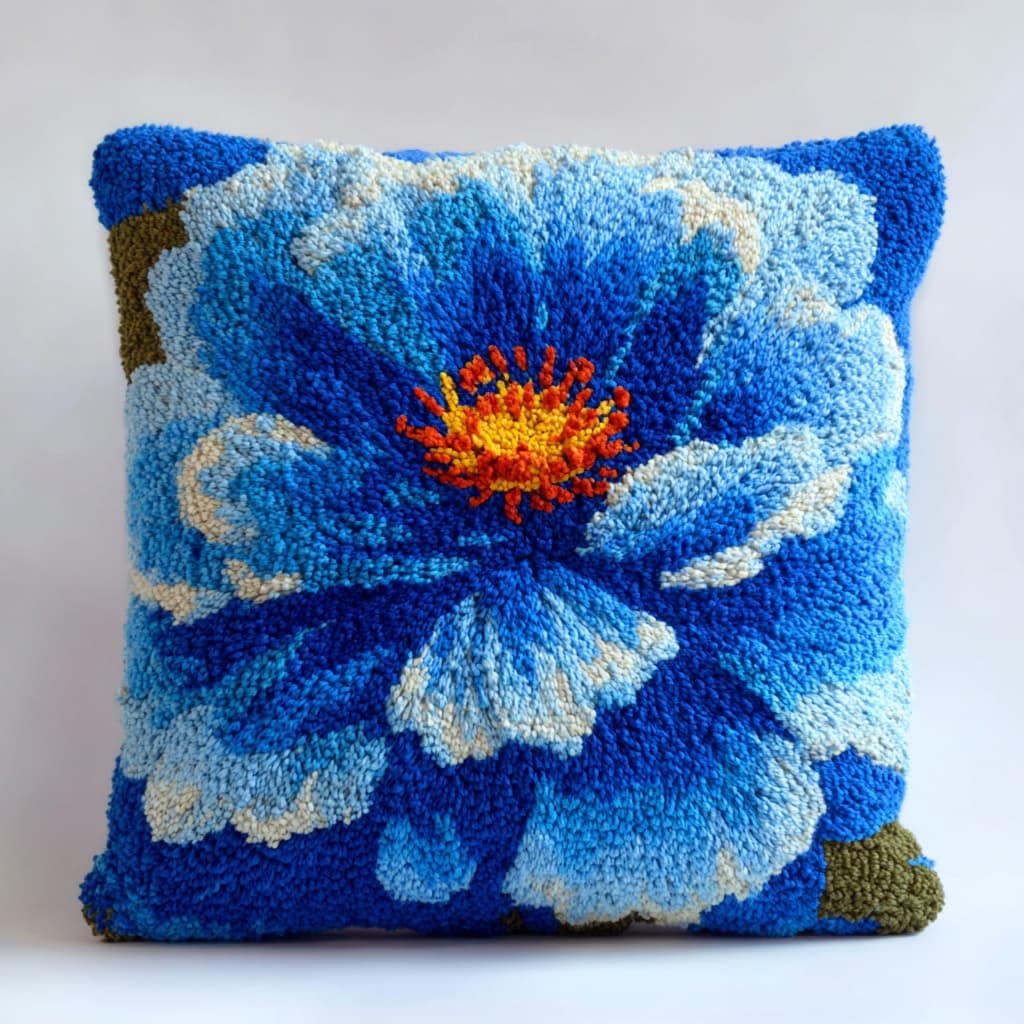 Taxpy Latch Hook Kits, Blue Flowers Pillow DIY Rug Crochet Hook Cushion Making Kits Preprinted Pattern Canvas Handmade Rug Pillow Hooking Kit 43x43cm