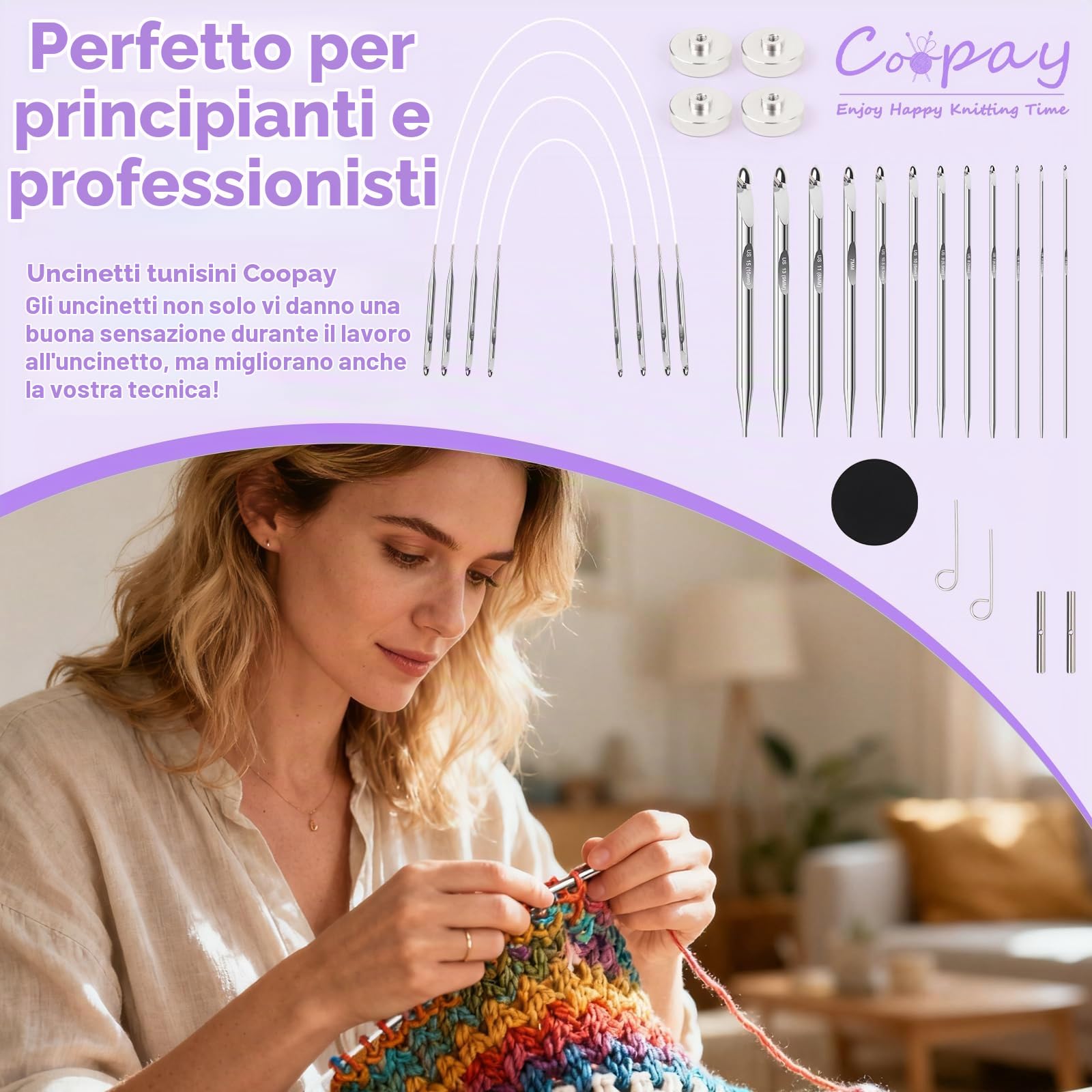 Coopay Set di 12 Uncinetti Tunisini Intercambiabili, 3,0-10,0mm con Filo da 40/60/80/100 cm, Uncinetto per Principianti e Professionisti, Uncinetto Afgano per Tappeti, Maglioni, Sciarpe