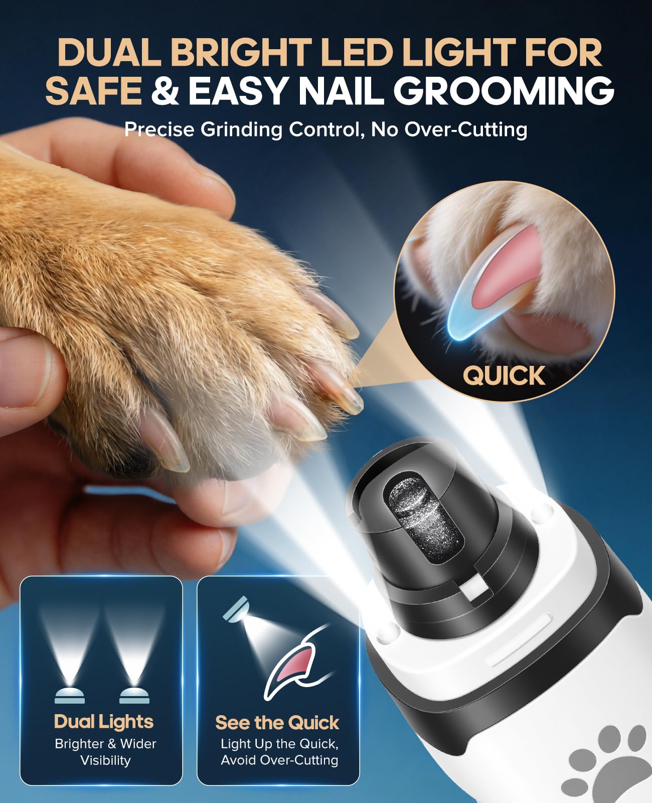 Molinillo de uñas para mascotas de bajo ruido con luz, recortador de uñas recargable de 2 velocidades con pantalla LED de batería, molinillo de uñas inalámbrico profesional para perros y