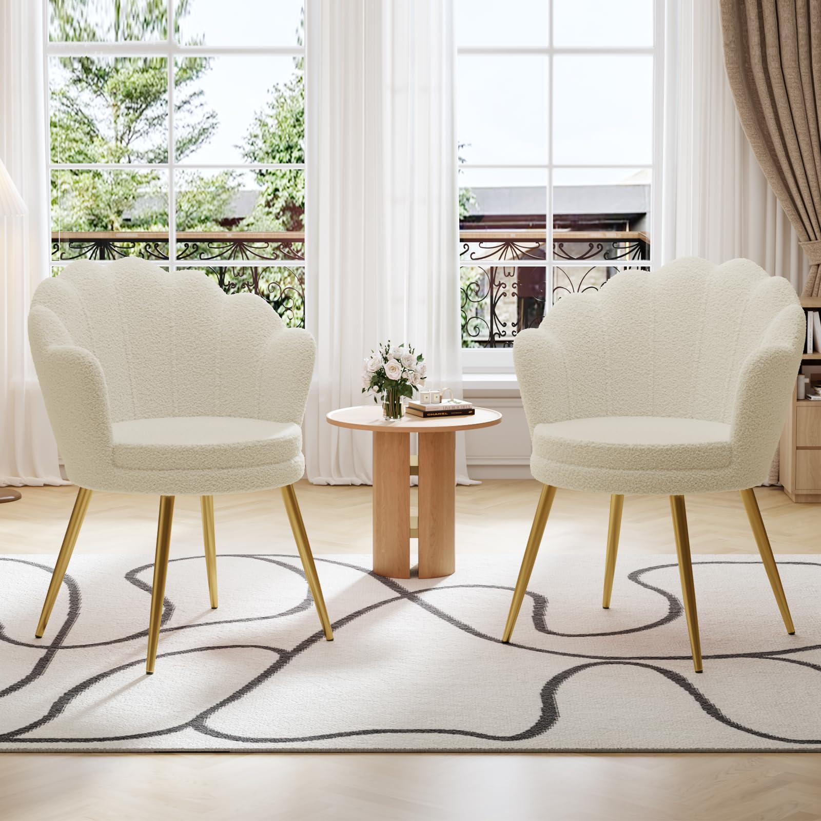 Ckaff Accent Chair Set of 2, Vanity Chair for Makeup Room, Upholstered Guest Chair for Living Room, Teddy Sherpa Dressing Table Chair with Shell Backrest and Metal Legs for Bedroom Dining Room, White