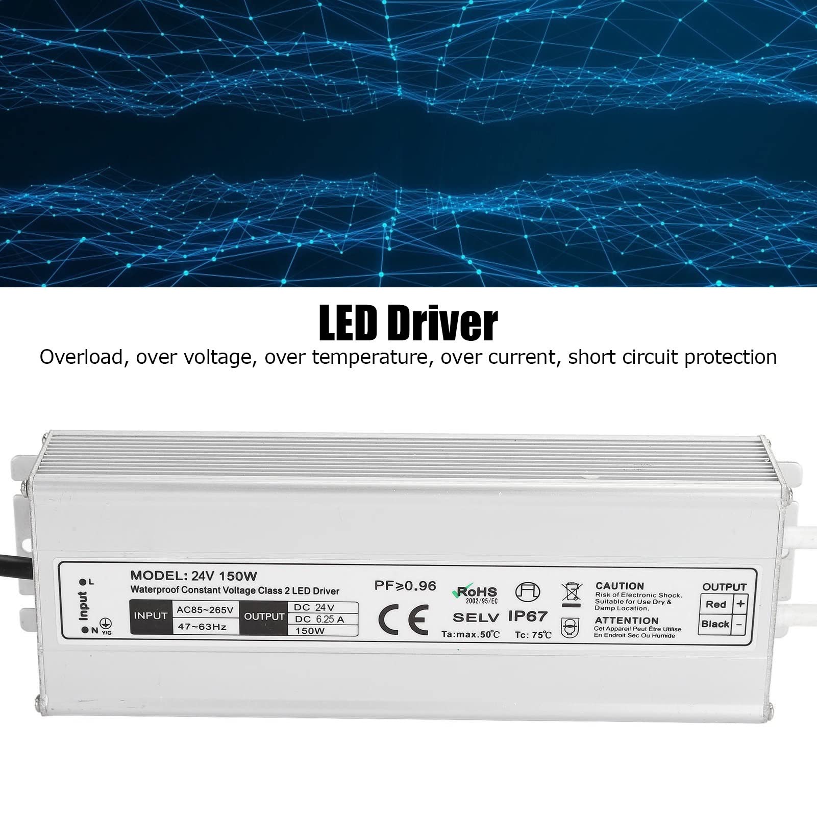 Driver LED 150W 12V/24V Impermeabile IP67 Trasformatore LED Alimentatore LED da 85~265V AC a 12V/24V DC Uscita a bassa tensione per luce LED, Computer Project, Industrial, Luce esterna(Spine UE-24V)