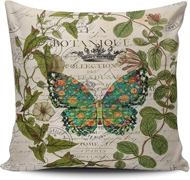 Decorative Throw Pillow Case Green Bohemian Scripts French Botanical Butterfly Pillowcase Cushion Cover Double Sided Design Printed Square Size 16 x 16 inches