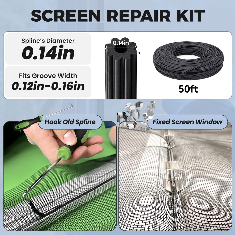 Reparatur-/Ersatz-Set für Fenstertüren, King&Charles beinhaltet schwarzes Fliegengitter, 121,9 x 299,7 cm + 2 Rollen + 15 m Spline, 8 Clips + Haken, 6-in-1-Fenstergitter-Set, Stahl/Nylon-Lagerrolle