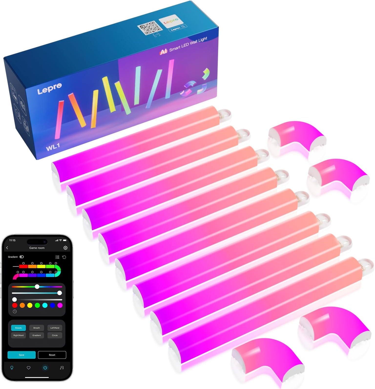 Lepro WL1 AI Smart Wall Light, Music Sync LED Light Bar, Voice Control, Segmented DIY, Personalized AI Lighting Designer, for Home Decor, Gaming Setup, Works with Alexa,8 Pcs with 4 Corners