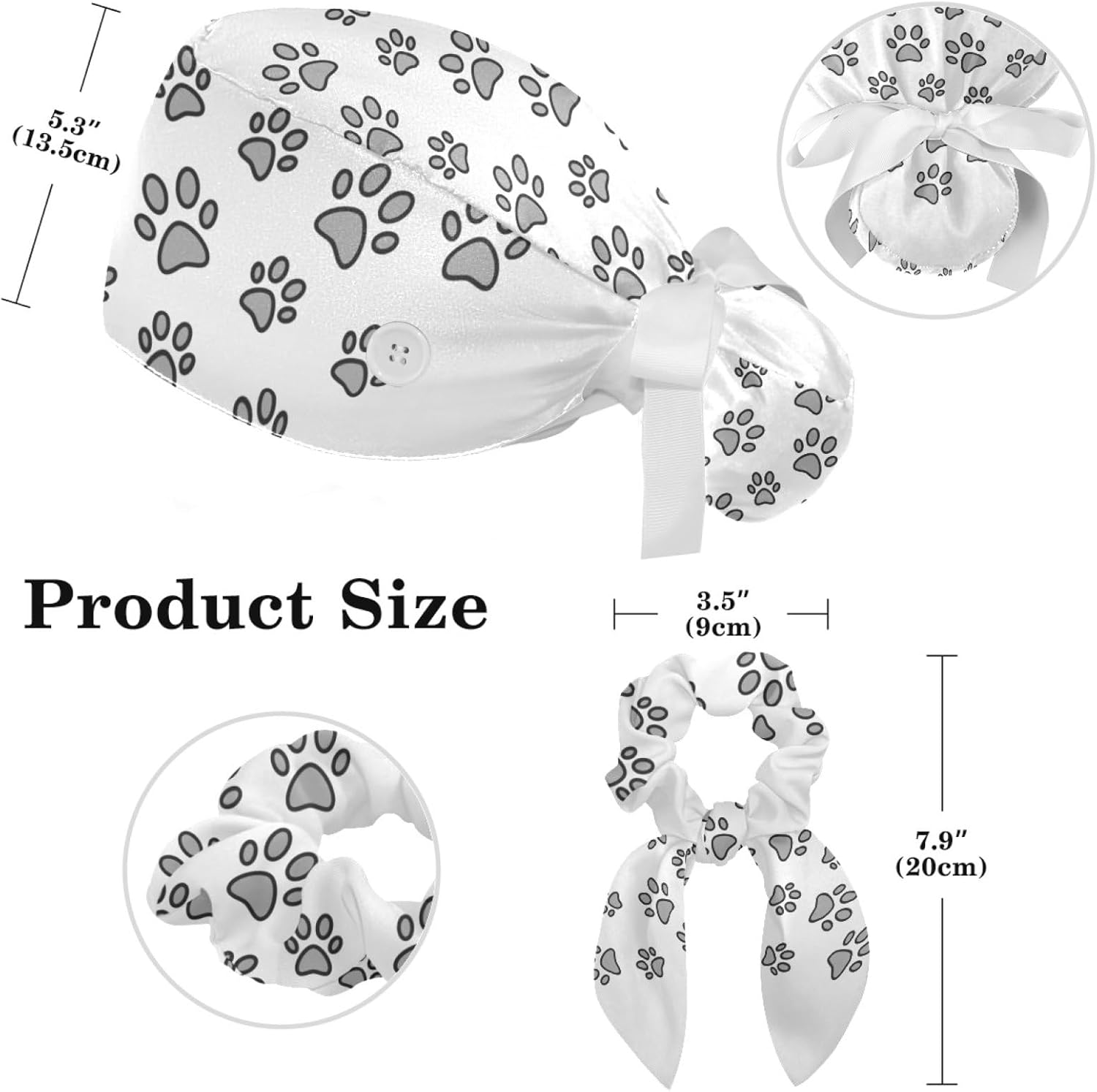 Heart Paw Grey Surgical Cap with Buttons/Bow Hair Scrunchy for Long Hair - Image 2