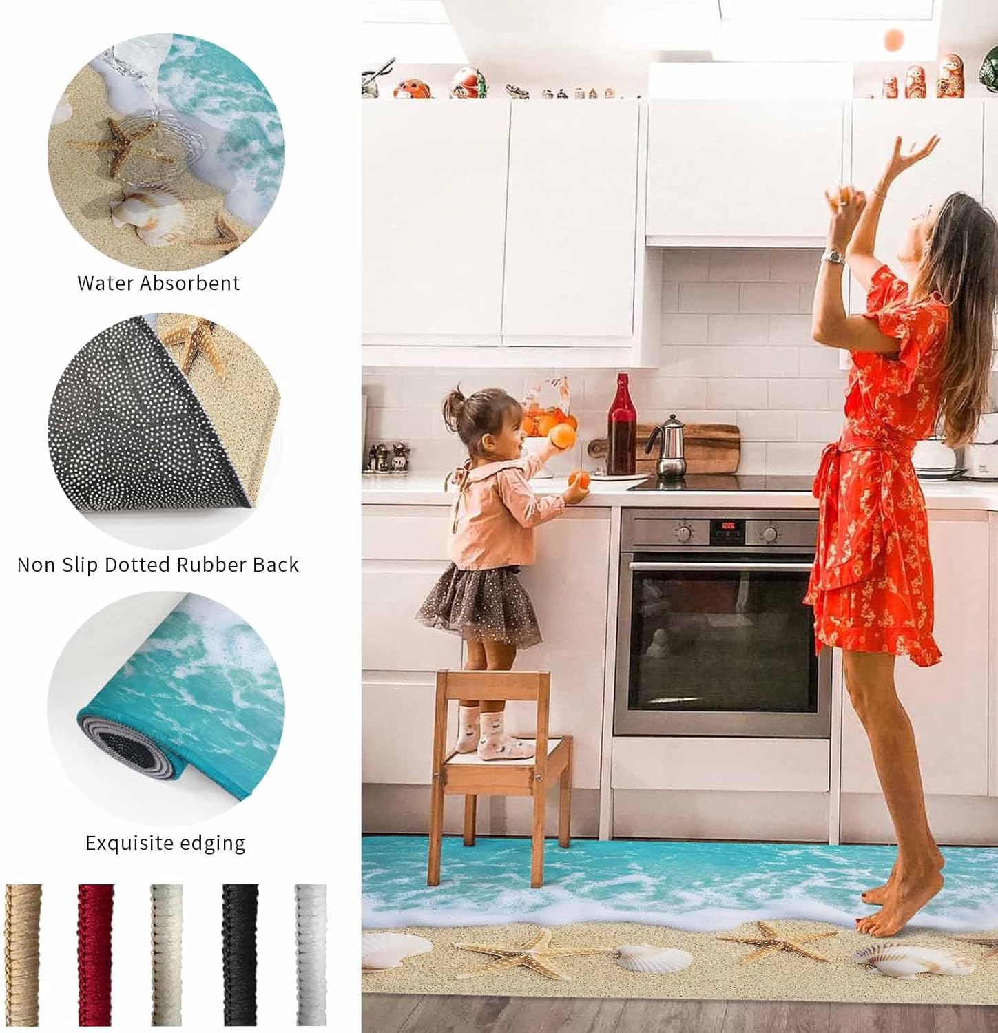 2 Pieces Kitchen Rugs and Mats,Summer Nautical Ocean Starfish Shell Waves Area Runner Rug Set Non Slip Floor Doormat Washable Carpet Standing Mat for Kitchen Sink Indoor Corridor,Coastal Beach Theme
