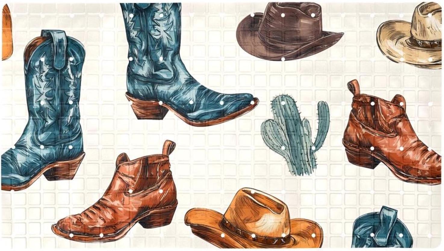 Western Cowboy Boots and Hats Bath Tub and Shower Mats, Non Slip Bathmat with Drain Holes and Suction Cups for Bathroom Floor, 15.1 x 26.8 Inch