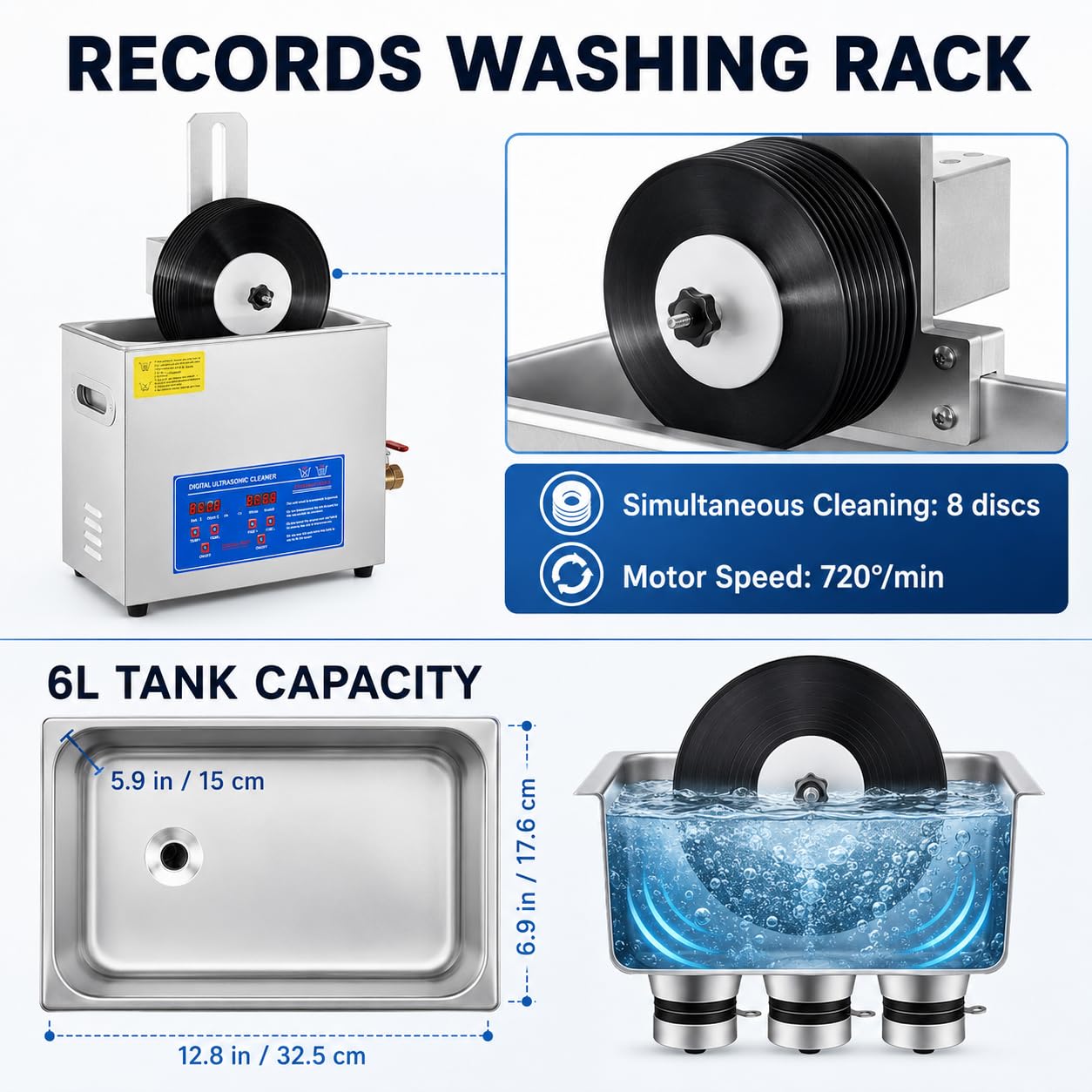 Sistema di pulizia a ultrasuoni per dischi in vinile, pulisce 8 dischi, pulizia a doppia faccia con rotazione automatica, timer da 0 a 30 minuti per una cura ottimale dei dischi