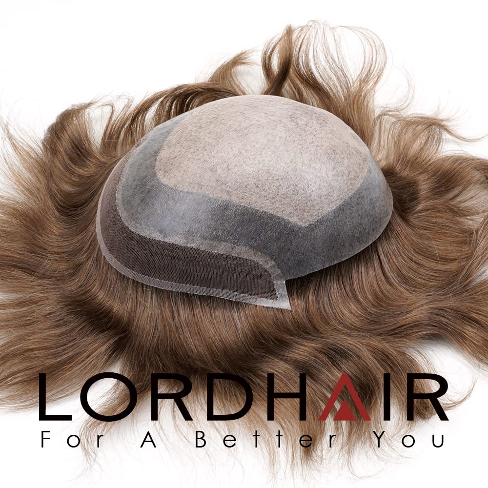Lordhair Knotenlos Toupet für Männer, Haut Eben Injiziert Spitzenfront Mensch Haar System, Basisgröße 8x10 Zoll Leichte Mittlere Dichte Herren Haarteil