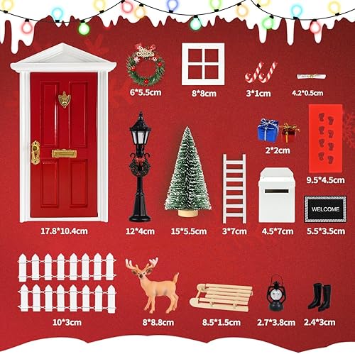 Miniatura 3 de WILDPARTY Kit de 21 piezas de puerta de hadas de dientes en miniatura rojo de Navidad, mini puerta de elfo de madera con accesorios, juego de cuento