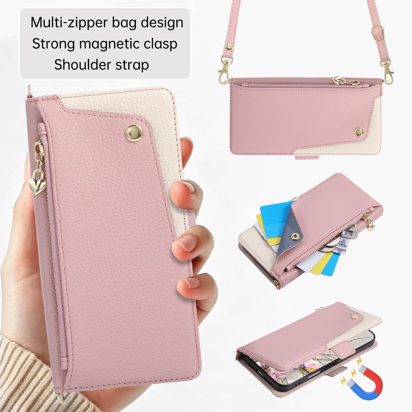 Ribaltabile Cover per iPhone 17 Pro Max/17 Pro/17 Air/17, Modello Litchi | Cerniera Portafoglio Moda Pelle Custodia con Tracolla Porta Carte Funzione Supporto Donna Telefono Caso