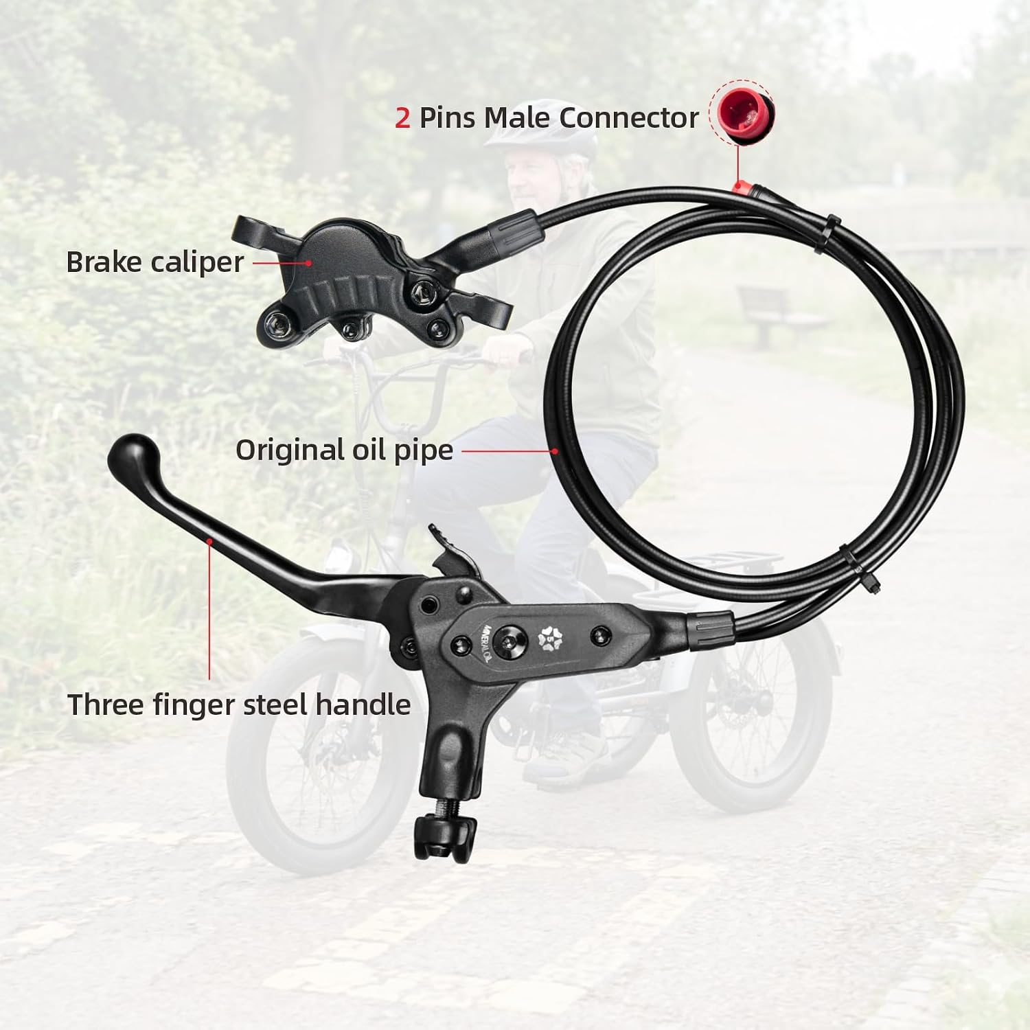 Hydraulic Disc Brakes Set for ETrike, 2.3 Caliper Spacing, Large Oil Cup & Parking Switch, 2-Pin Power Cut-Off, Left Front 1000mm Right Rear 1800mm, Fit 160/180mm Rotor for ETrike