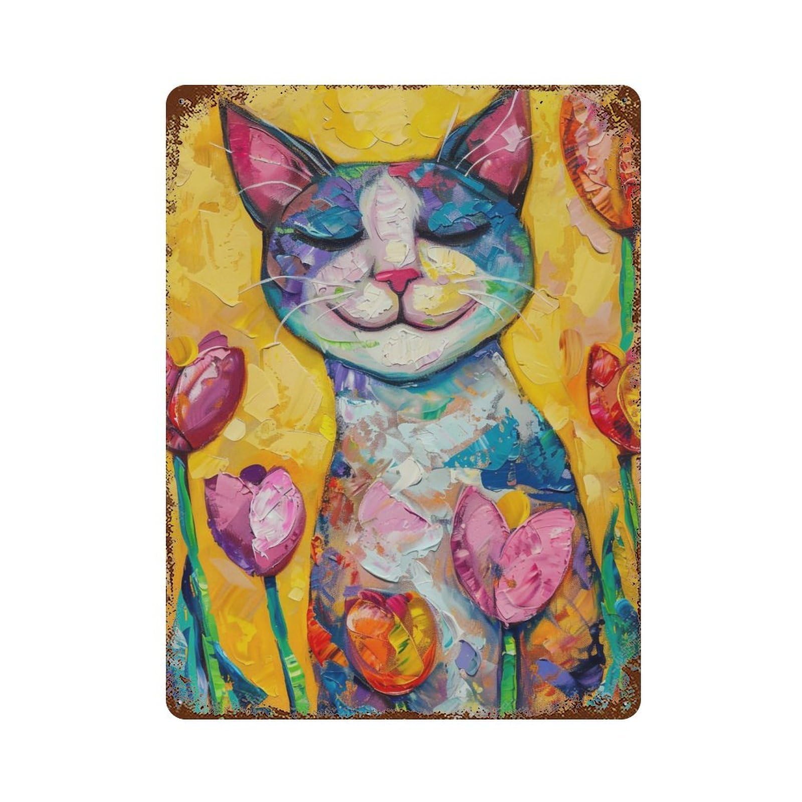 YHGERTKU Happy Cat in Tulip Garden 01 Wall Art Retro Iron Vintage Metal Tin Sign Poster Modern Decor for Living Rooms Gift 40x30cm