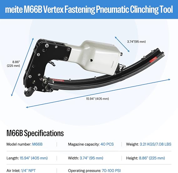 meite M66B Pneumatic Clinching Clipper 3/4 Inch Crown Clinch Clip Gun for Spring Mattress, Car Seats, Wire Cages
