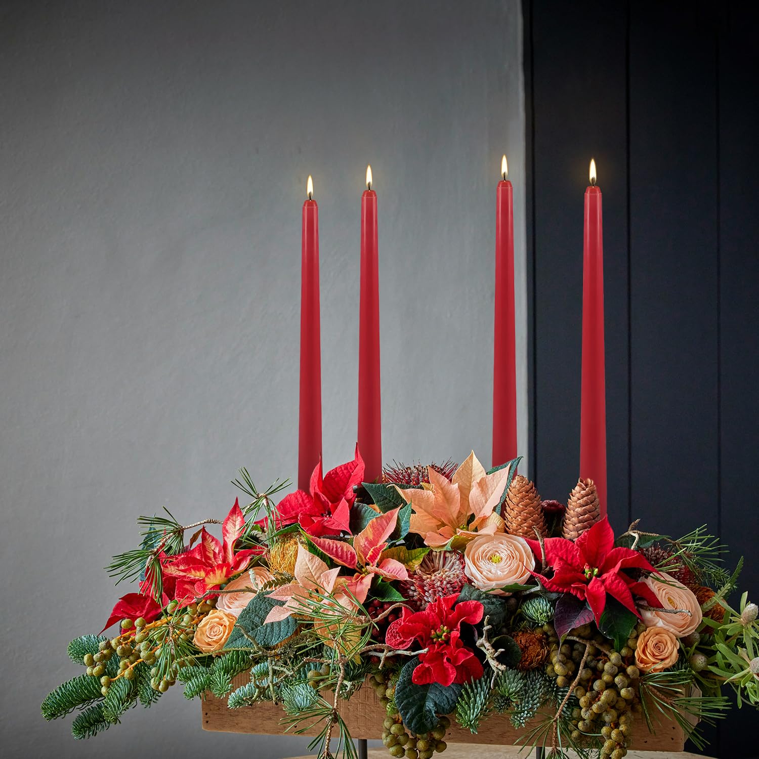 Confezione da 24 candele coniche rosse, 25,4 cm, antigoccia, non profumate, senza fumo e antigoccia, lunga durata, cera di paraffina con stoppini in cotone, per decorazioni domestiche, Natale