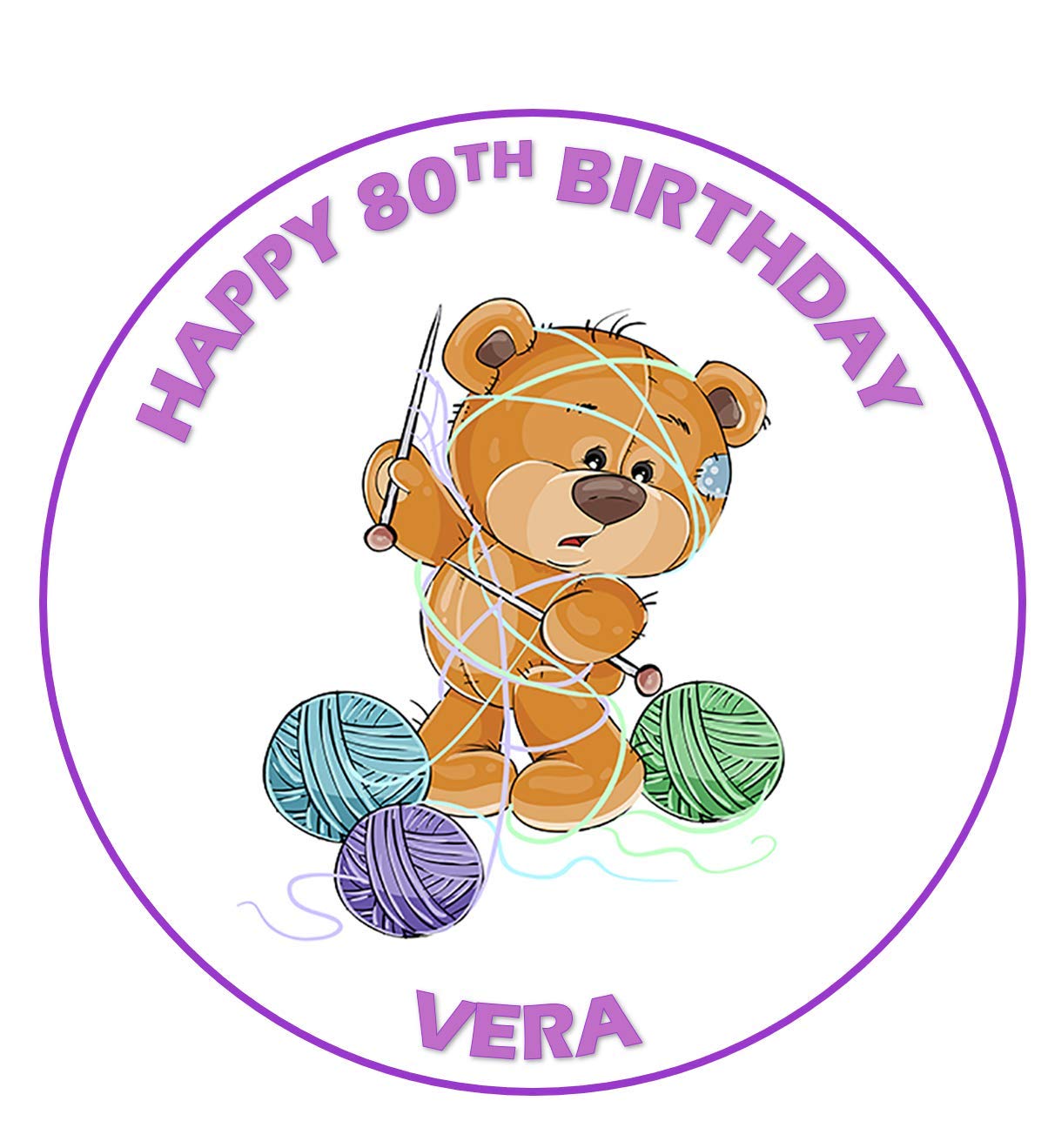 Knitting Balls with Needles and Teddy Bear Round Circle Cake Edible Icing or Wafer Topper 7.5 inch Personalised (Icing)