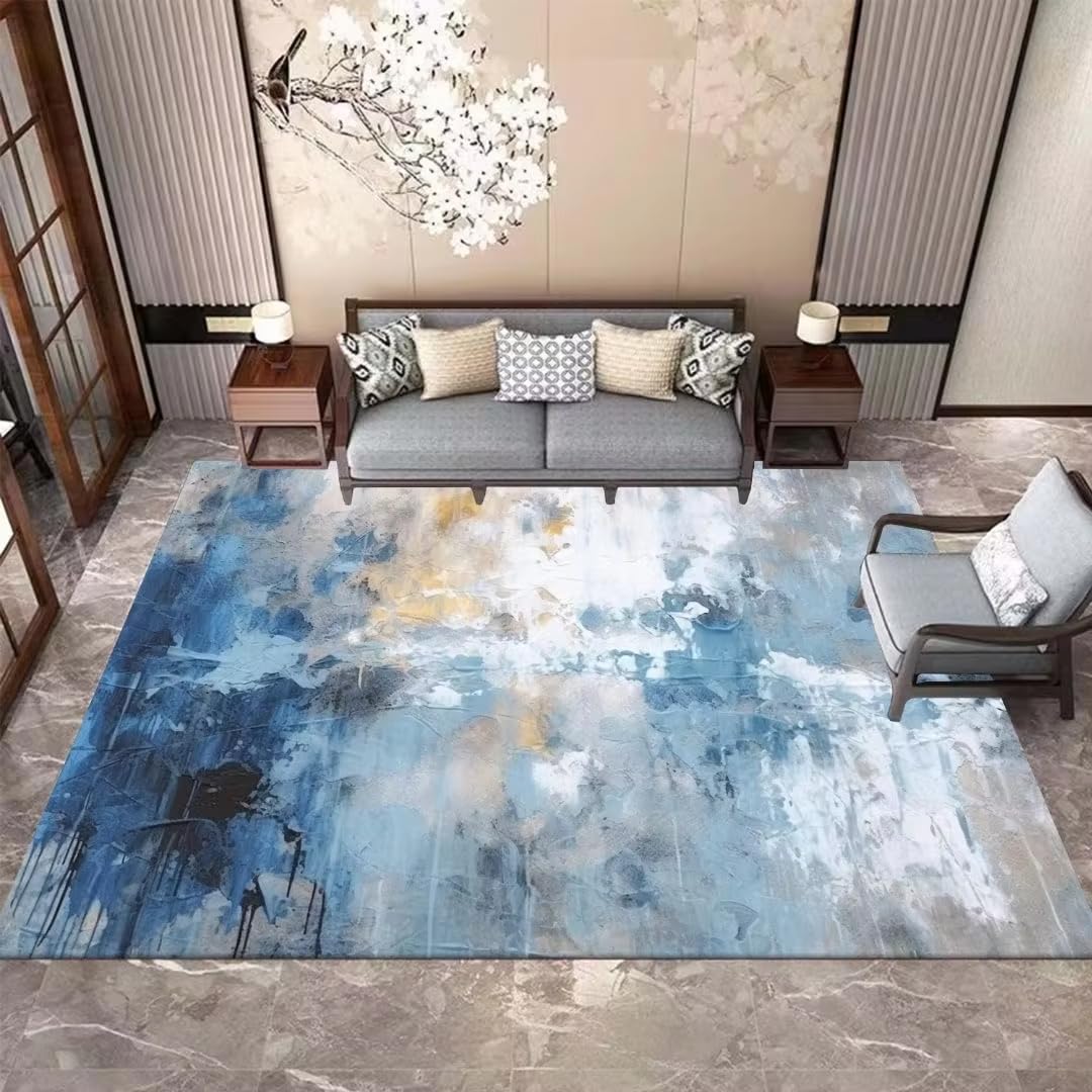 Tapis de salon bleu abstrait 180x270 cm grand format lavable pour la maison
