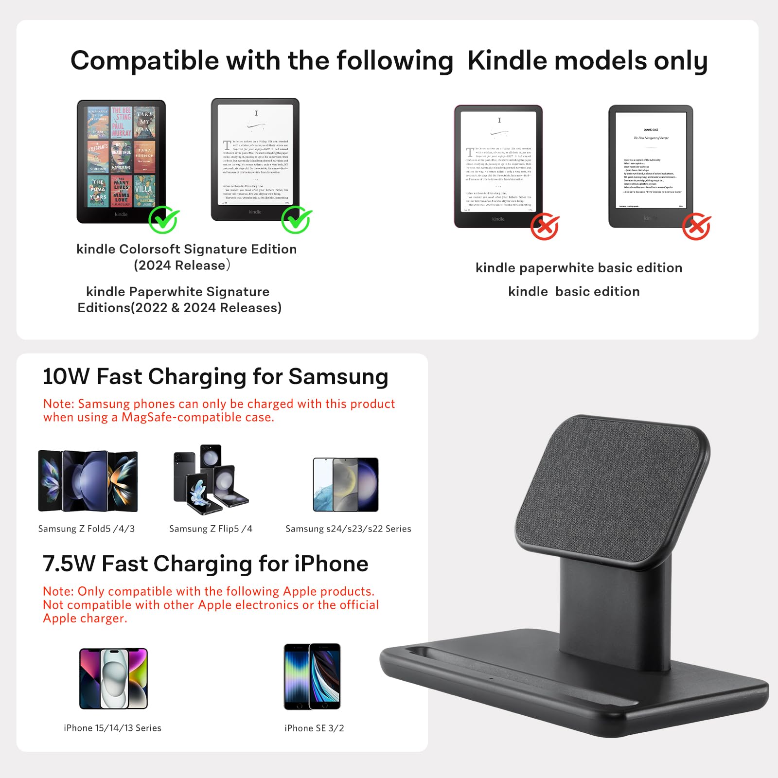 CoBak Supporto di ricarica wireless compatibile con iPhone/Kindle Colorsoft Signature Edition/Paperwhite Signature Edition/telefoni Samsung, stazione di ricarica wireless per dispositivi wireless