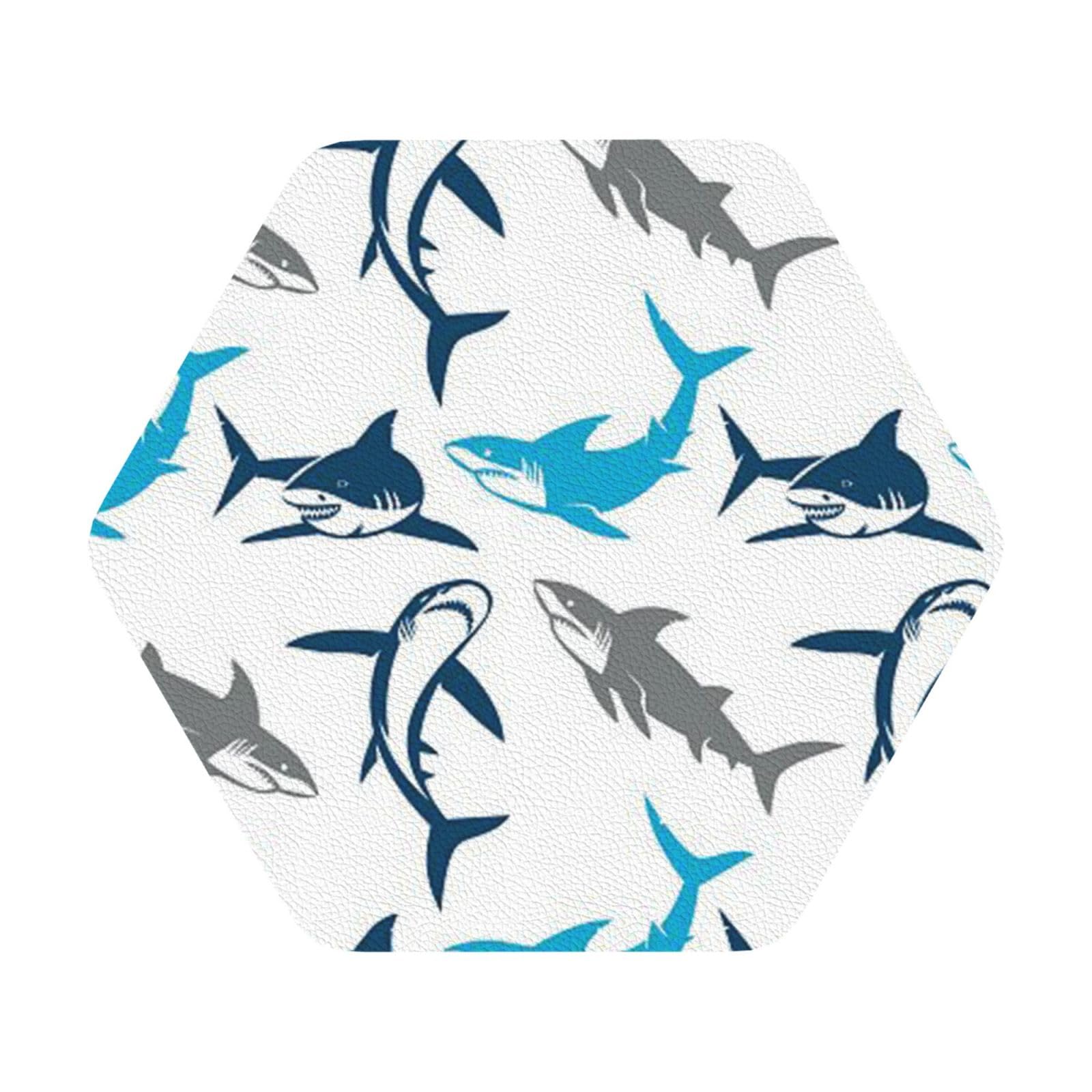 Sharks PU Leather Coasters Set of 6 Hexagon Drink Coasters