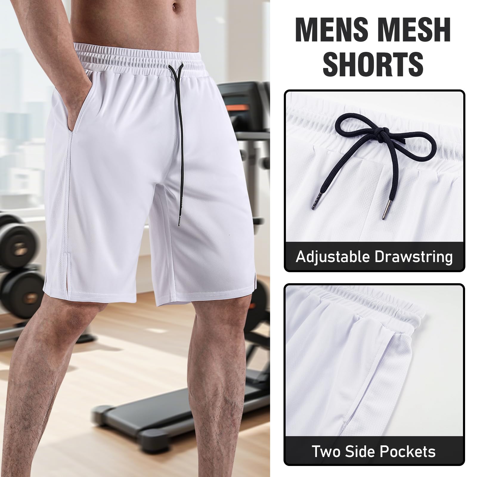 GENEMEN Mens Mesh Shorts 5 Inch Inseam Workout Running Athletic Drawstring Shorts with Pockets (White, XXL)