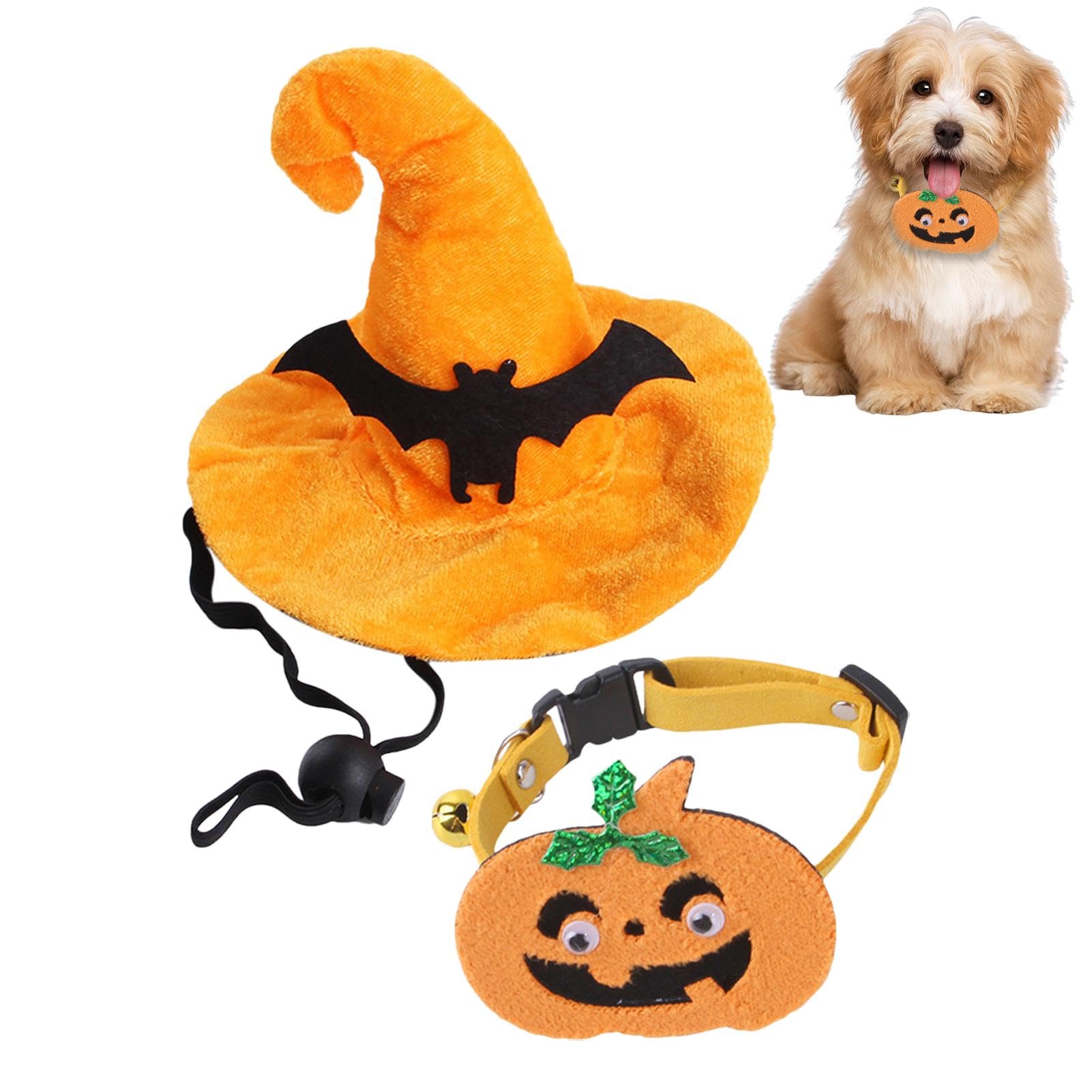 Collar de Calabaza para Gatos, Sombrero de Mago para Perros | Traje de Disfraz de Halloween de Bruja de Gato | Disfraz de Gato de Halloween, Sombrero de Mago para Perros y Gatos