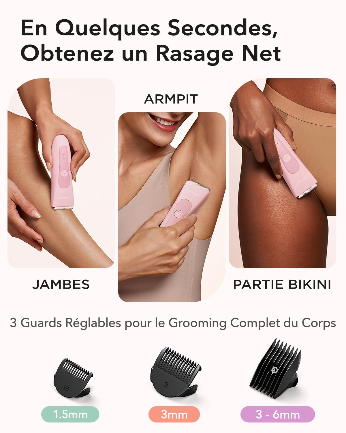 MANSPOT Rasoir Electrique Femme, Tondeuse Femme Intime avec 3 Têtes de Protection et de Lame en Céramique Remplaçables, Tondeuse Bikini pour Bras, Jambes, Aisselles
