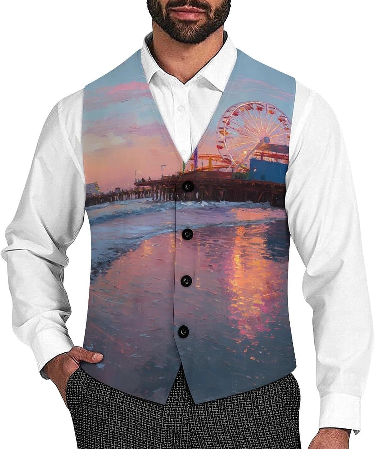 Santa Monica Pier Sunset Men Formal Suit Vest V-Neck Button Waistcoat for Business Wedding