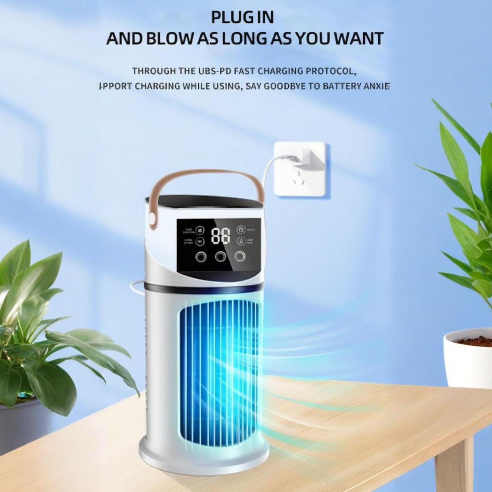 Przenośny mini klimatyzator | Cicha chłodnica powietrza 27 cm, 4 w 1 z osuszaczem, 9 prędkości, 7 kolorów lampka nocna i oświetlenie LED, do sypialni, biura, na kemping
