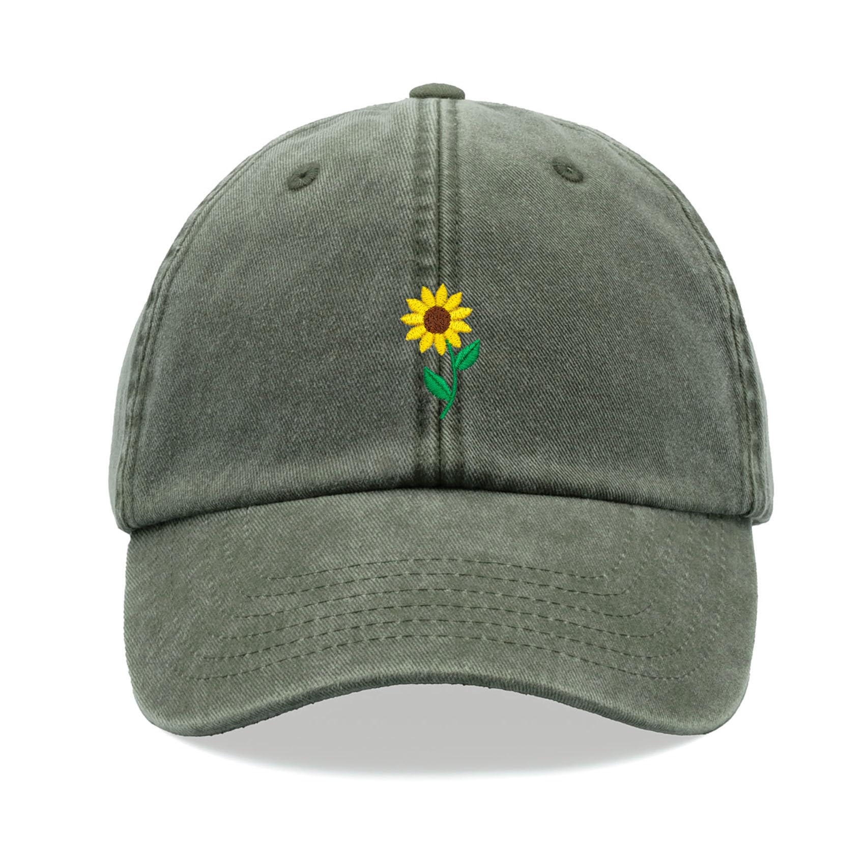 Sunflower Baseball Cap Vintage Washed Unisex Dad Hat Adjustable Olive